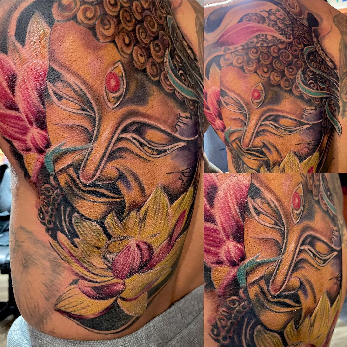 Detailed Buddha tattoo with lotus flowers in vibrant colors on a back and side